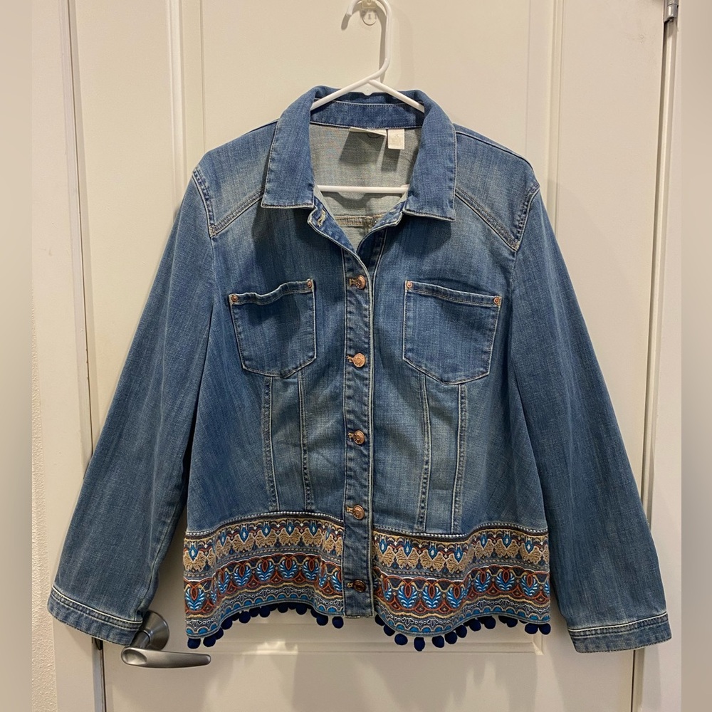 NWT Chico’s Embroidered Tassel Jean Jacket Size 3